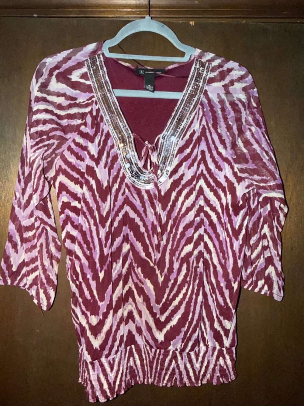 INC International Concepts Maroon and Light Pink Zebra Print V-Neck Top